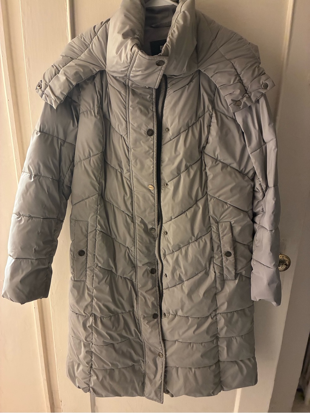 Donna Karan Light Gray Quilted Long Puffer Coat